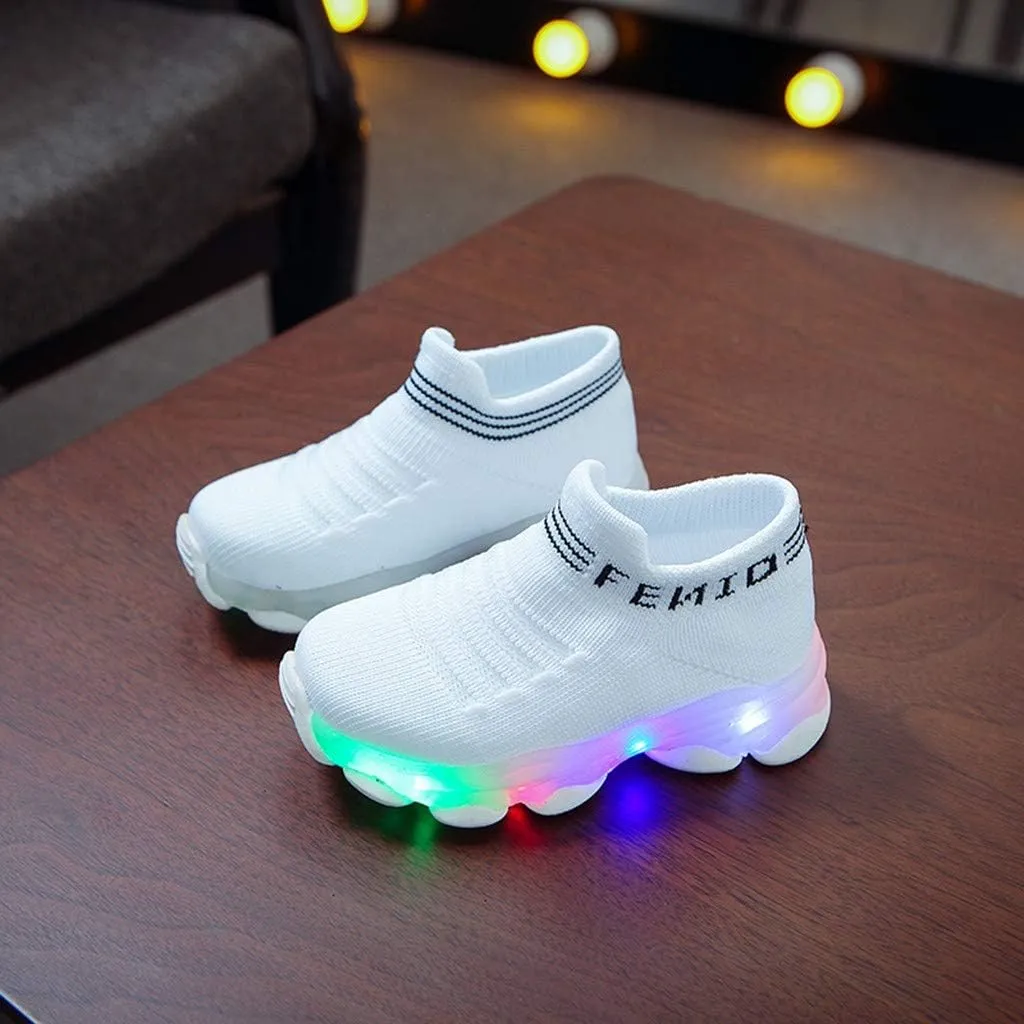 Toddler Baby Girl Boy LED Mesh Letter Run Sneakers for Little Kids 1-6 Years Kids Soft Sole Light Up Socks Sport Shoes (White-1#a, 4-4.5Years)