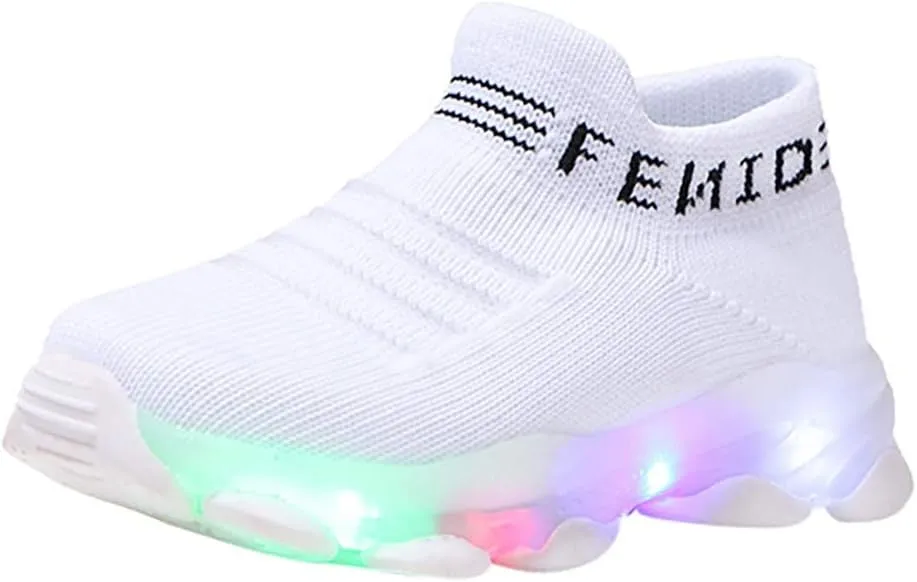 Toddler Baby Girl Boy LED Mesh Letter Run Sneakers for Little Kids 1-6 Years Kids Soft Sole Light Up Socks Sport Shoes (White-1#a, 4-4.5Years)
