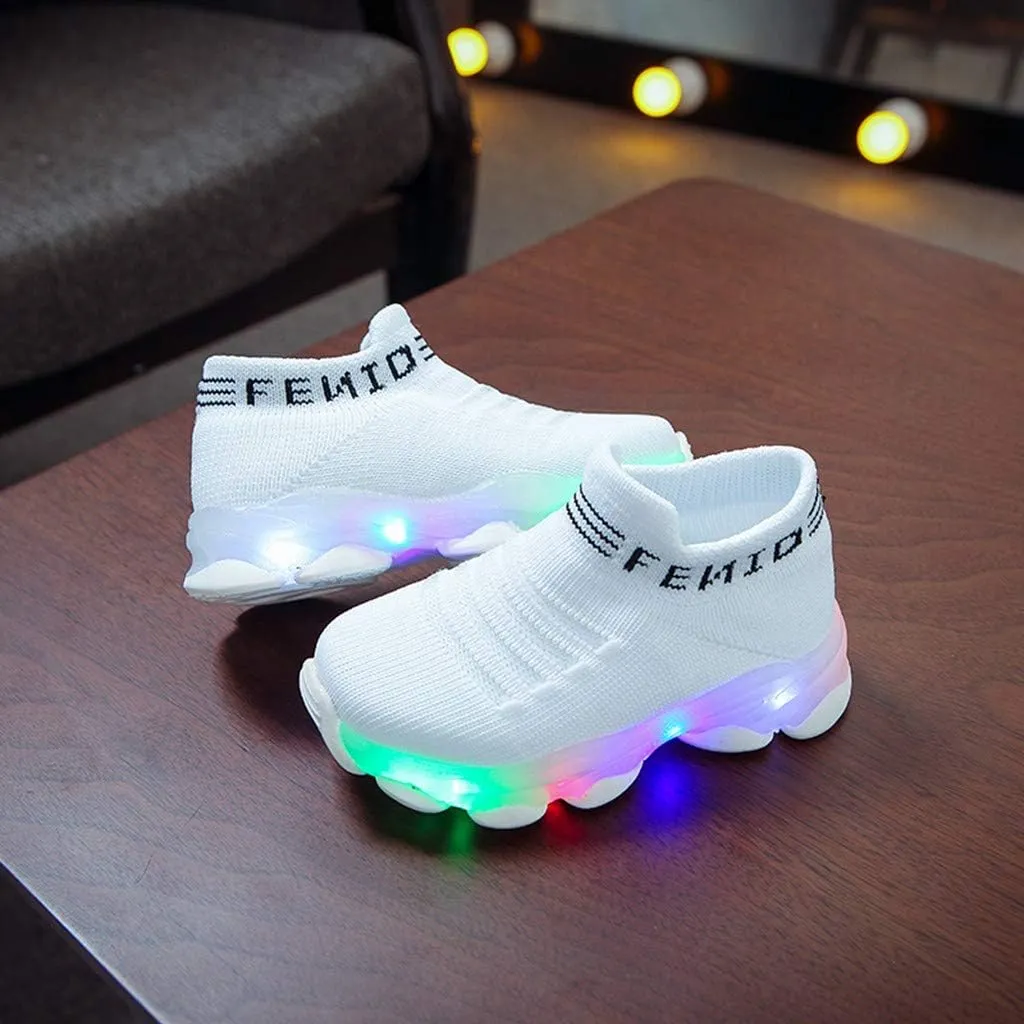 Toddler Baby Girl Boy LED Mesh Letter Run Sneakers for Little Kids 1-6 Years Kids Soft Sole Light Up Socks Sport Shoes (White-1#a, 4-4.5Years)
