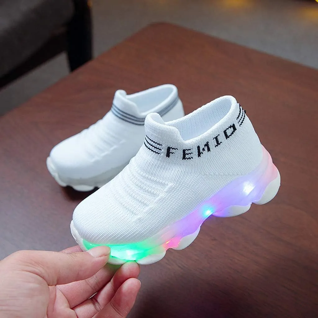 Toddler Baby Girl Boy LED Mesh Letter Run Sneakers for Little Kids 1-6 Years Kids Soft Sole Light Up Socks Sport Shoes (White-1#a, 4-4.5Years)