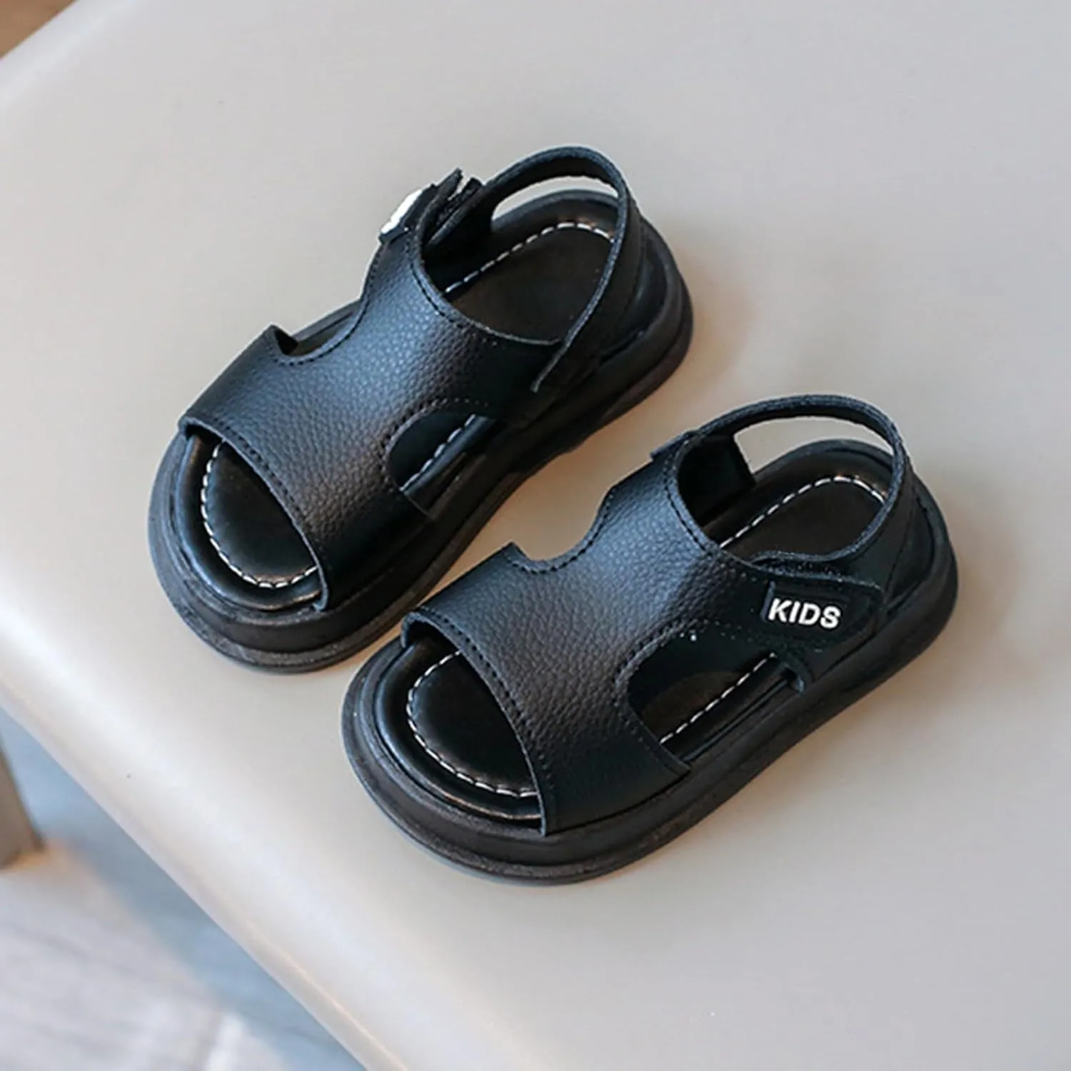 Toddler Boys Leather Sandals Solid Color Open Toe Anti Slip Beach Slides 1 to 6 Years Casual Play Dirt-Proof Shoes
