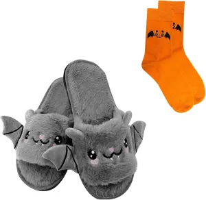 Toddler Girls Boys House Shoes with Sock 2PC Winter Cartoon Bat Plush Cozy Slipper Warm Lightweight Walking Shoes