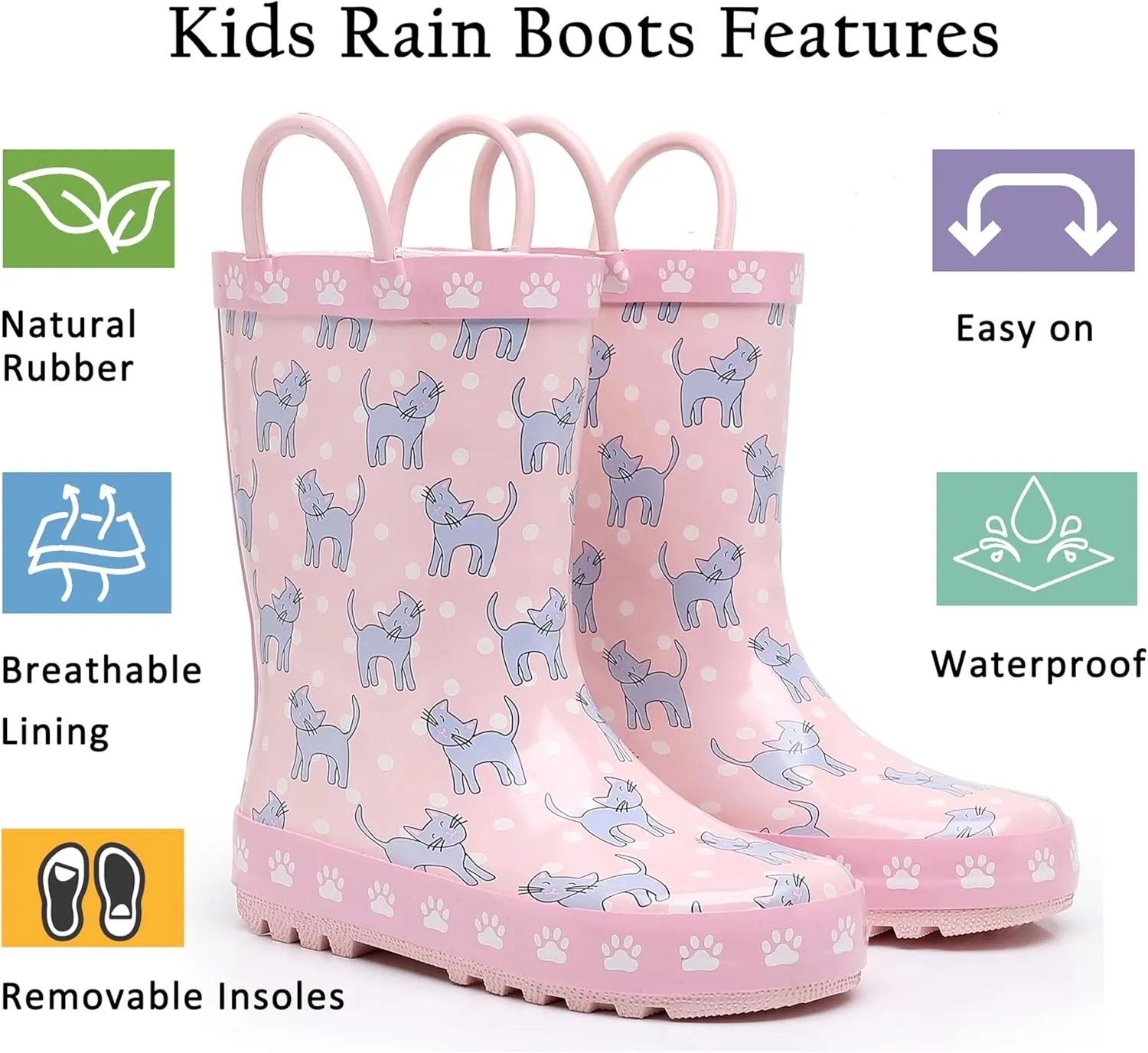 Toddler Rain Boots for Boys and Girls Waterproof Rubber Kids Rain Boots with Easy on Handles All-season