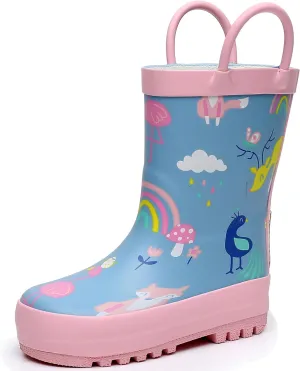 Toddler Rain Boots with Easy-On Handles, Waterproof Rubber Kids Rain Boots for Girls and Boys, in Fun Printed & Colors Unisex-Child Outdoor Rain Boots