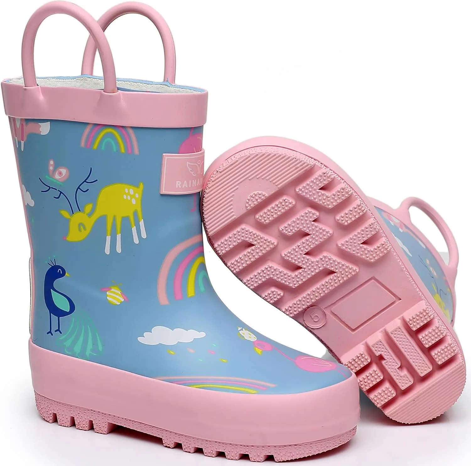 Toddler Rain Boots with Easy-On Handles, Waterproof Rubber Kids Rain Boots for Girls and Boys, in Fun Printed & Colors Unisex-Child Outdoor Rain Boots
