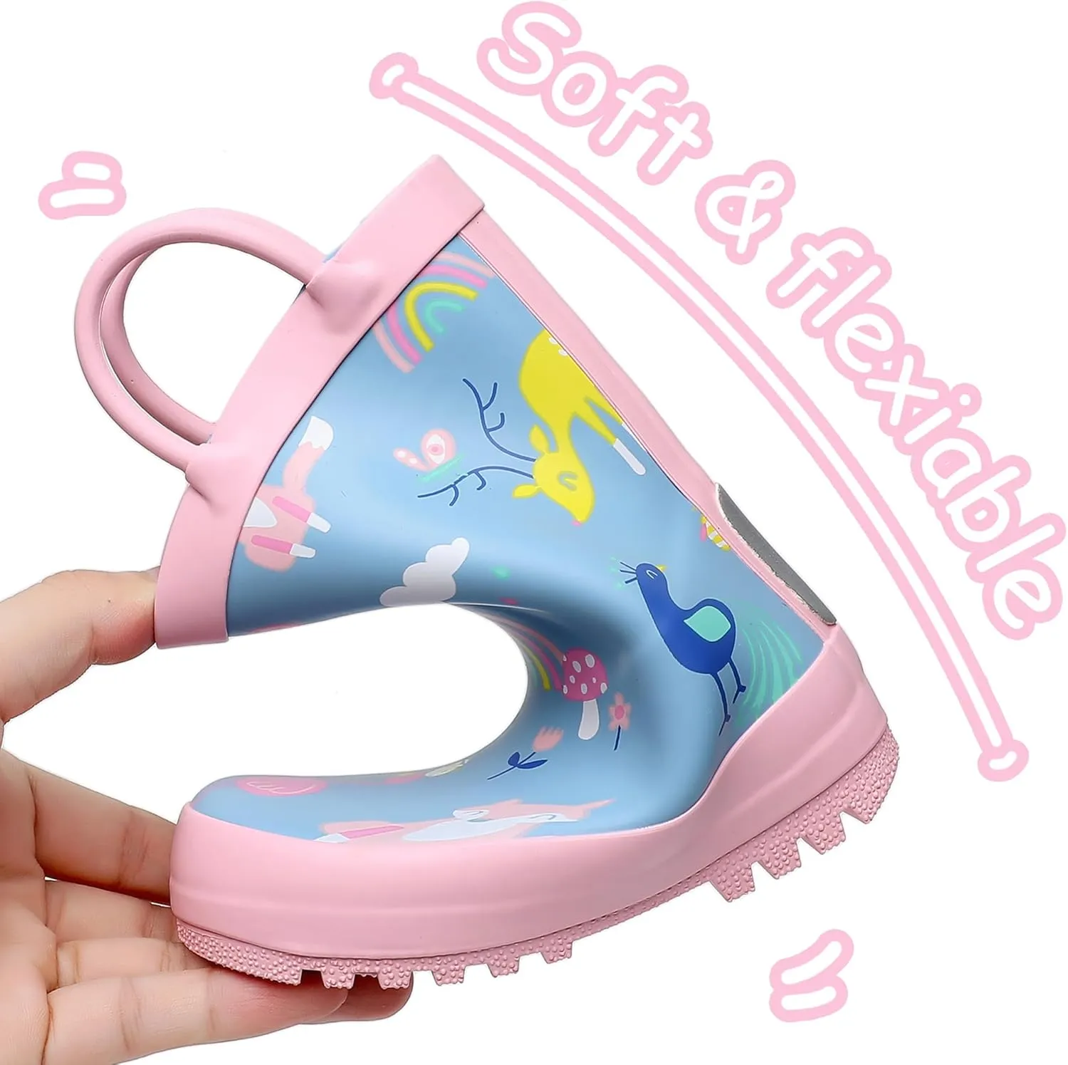 Toddler Rain Boots with Easy-On Handles, Waterproof Rubber Kids Rain Boots for Girls and Boys, in Fun Printed & Colors Unisex-Child Outdoor Rain Boots