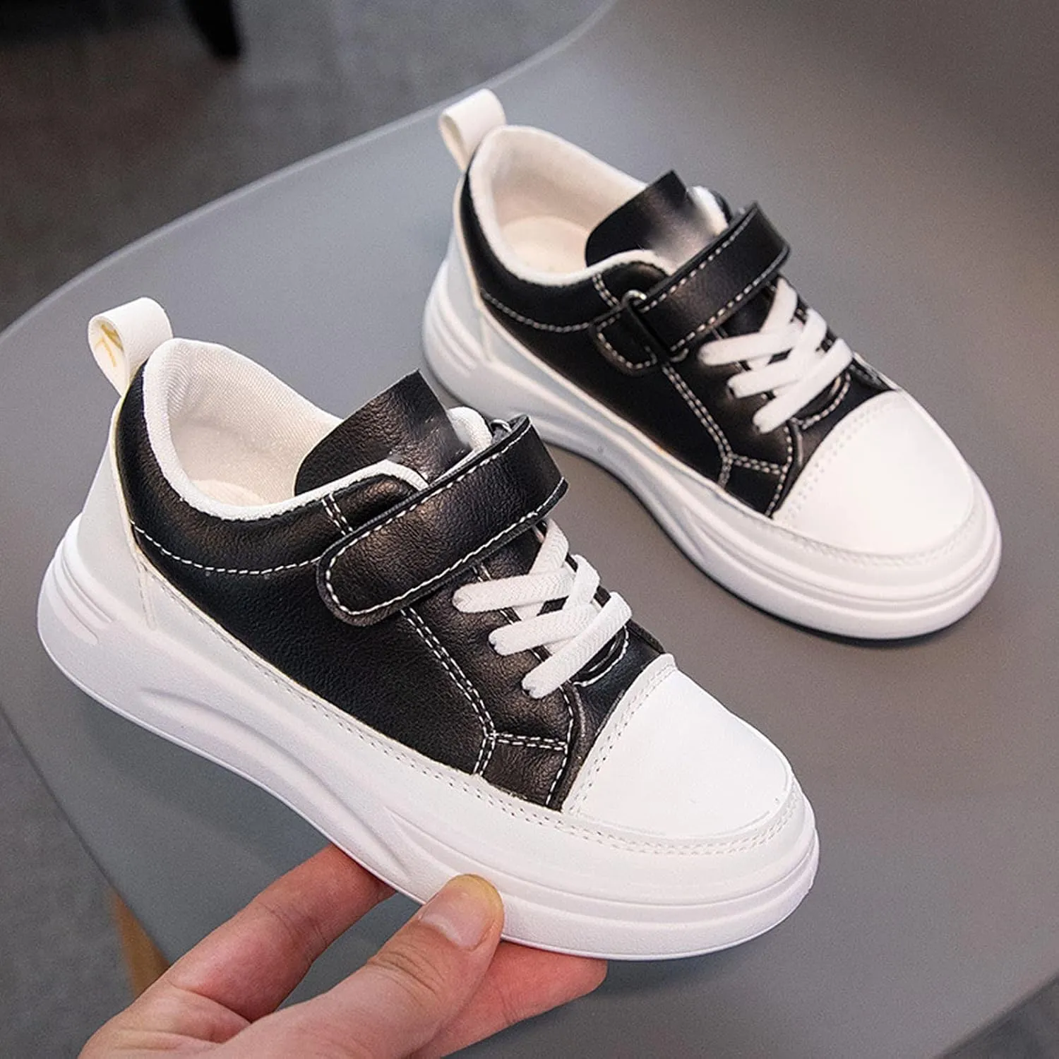 Toddler Shoes for Boys Girls, Kids Low Top Leather Sneakers Adjustable Strap Running Walking Casual Shoes