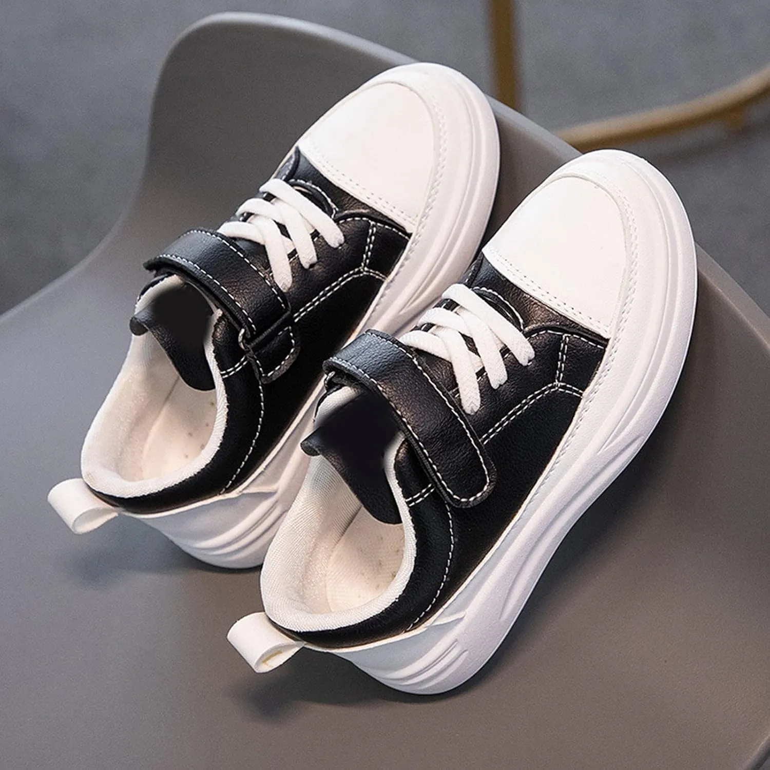 Toddler Shoes for Boys Girls, Kids Low Top Leather Sneakers Adjustable Strap Running Walking Casual Shoes