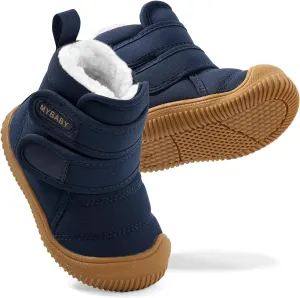 Toddler Snow Boots Double Strap Winter Warm Shoes Baby Faux Fur Lining Soft Fleece Booties with Non-Slip Sole