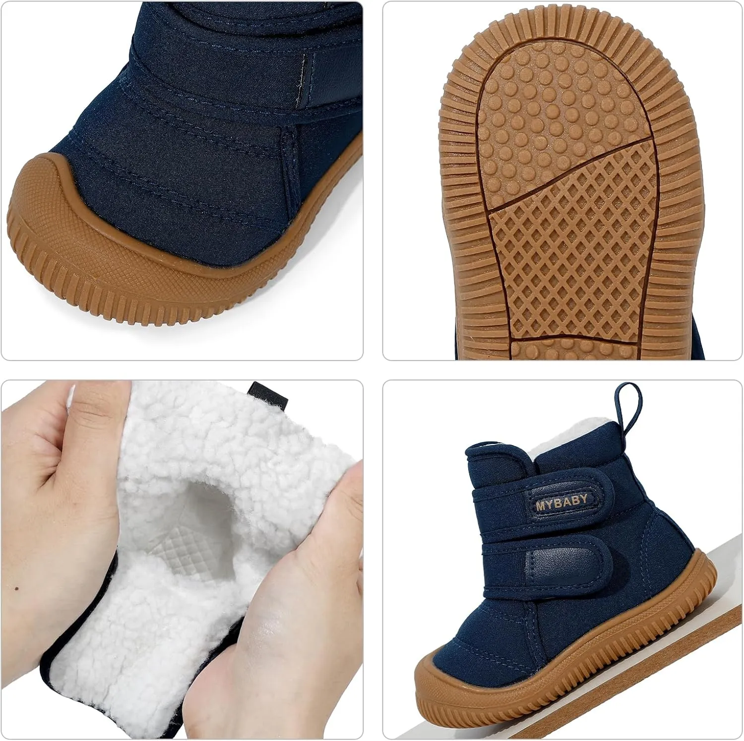Toddler Snow Boots Double Strap Winter Warm Shoes Baby Faux Fur Lining Soft Fleece Booties with Non-Slip Sole