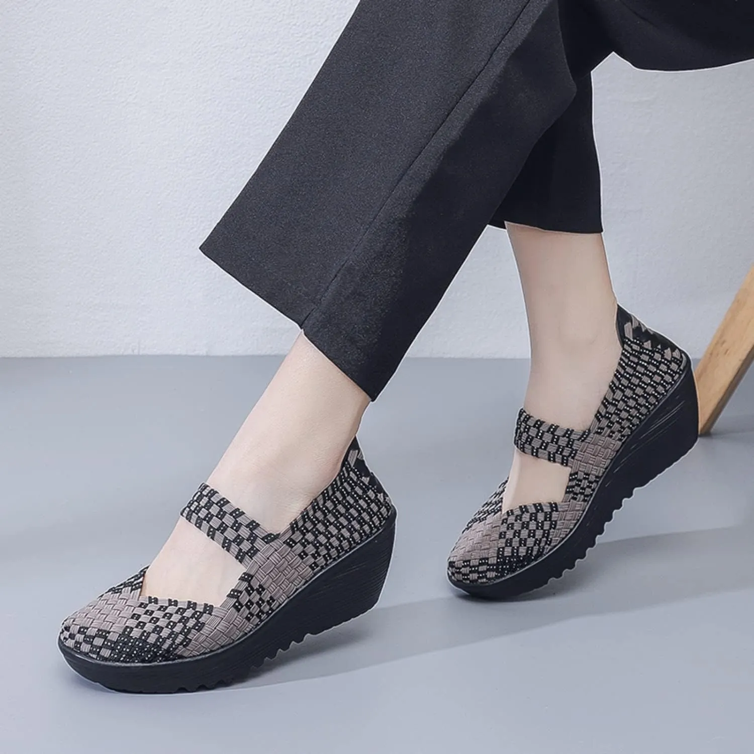 Touchmosees Women's Platform Wedge Sandals Woven Pumps Mary Jane Shoes Comfortable Walking Shoes