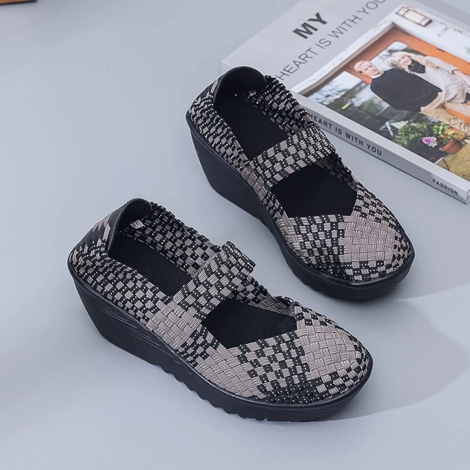 Touchmosees Women's Platform Wedge Sandals Woven Pumps Mary Jane Shoes Comfortable Walking Shoes