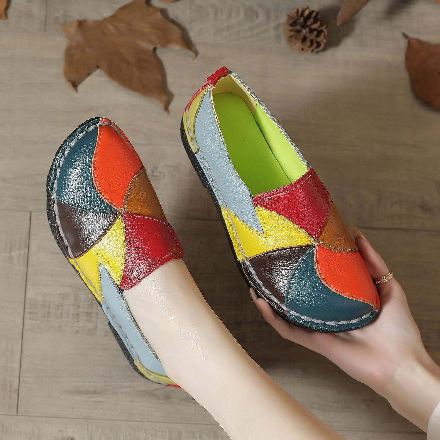 Trsorini Women Casual Loafers Shoes Comfortable Multi Color Stitching Leather Slip on Shoes for Lady Soft Sole Flat Driving Walking Dress