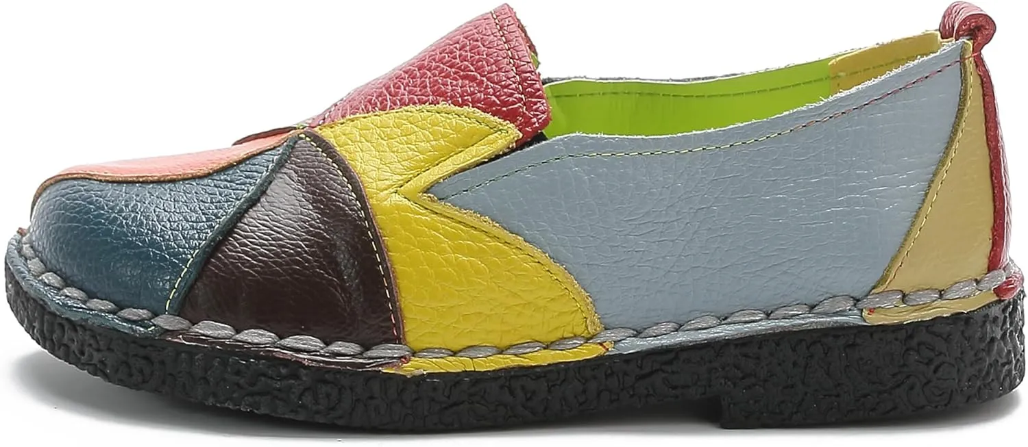 Trsorini Women Casual Loafers Shoes Comfortable Multi Color Stitching Leather Slip on Shoes for Lady Soft Sole Flat Driving Walking Dress