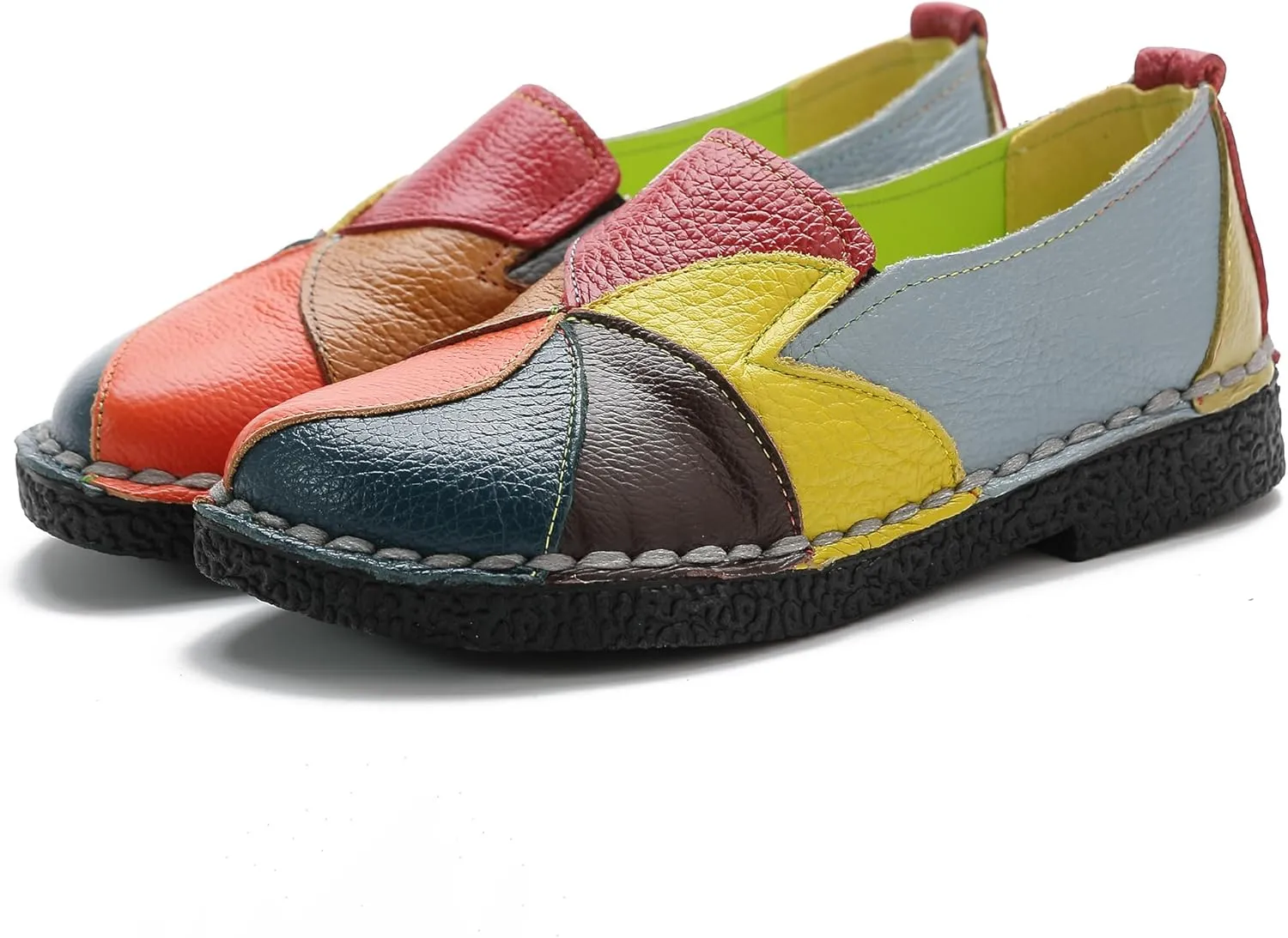 Trsorini Women Casual Loafers Shoes Comfortable Multi Color Stitching Leather Slip on Shoes for Lady Soft Sole Flat Driving Walking Dress