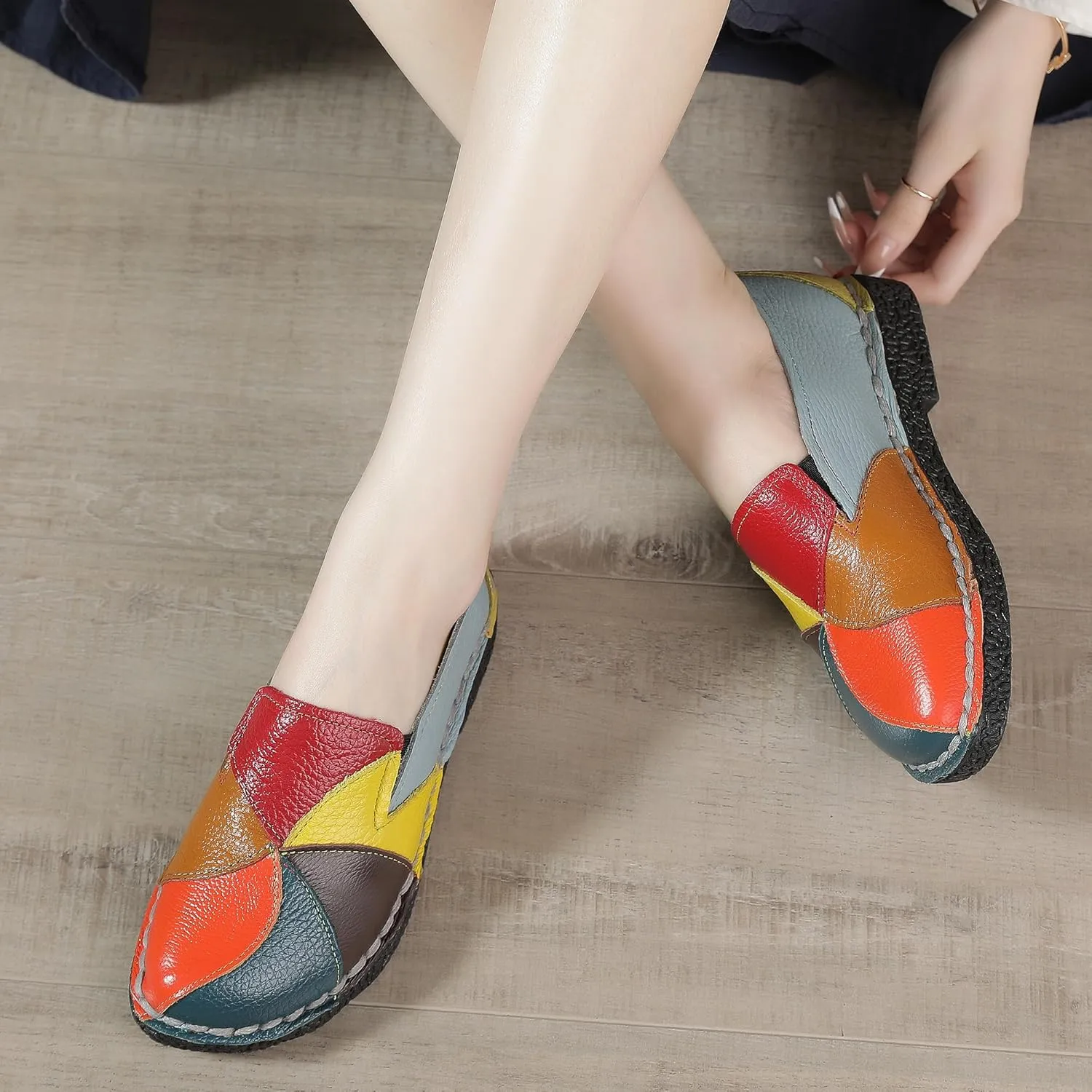 Trsorini Women Casual Loafers Shoes Comfortable Multi Color Stitching Leather Slip on Shoes for Lady Soft Sole Flat Driving Walking Dress