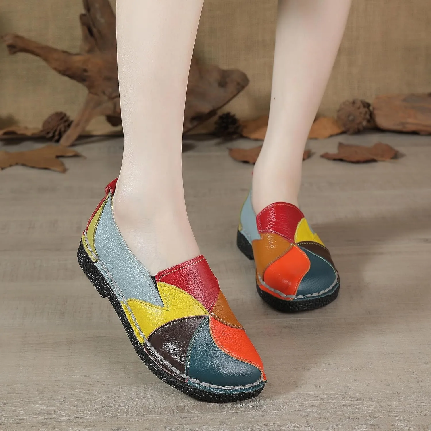 Trsorini Women Casual Loafers Shoes Comfortable Multi Color Stitching Leather Slip on Shoes for Lady Soft Sole Flat Driving Walking Dress