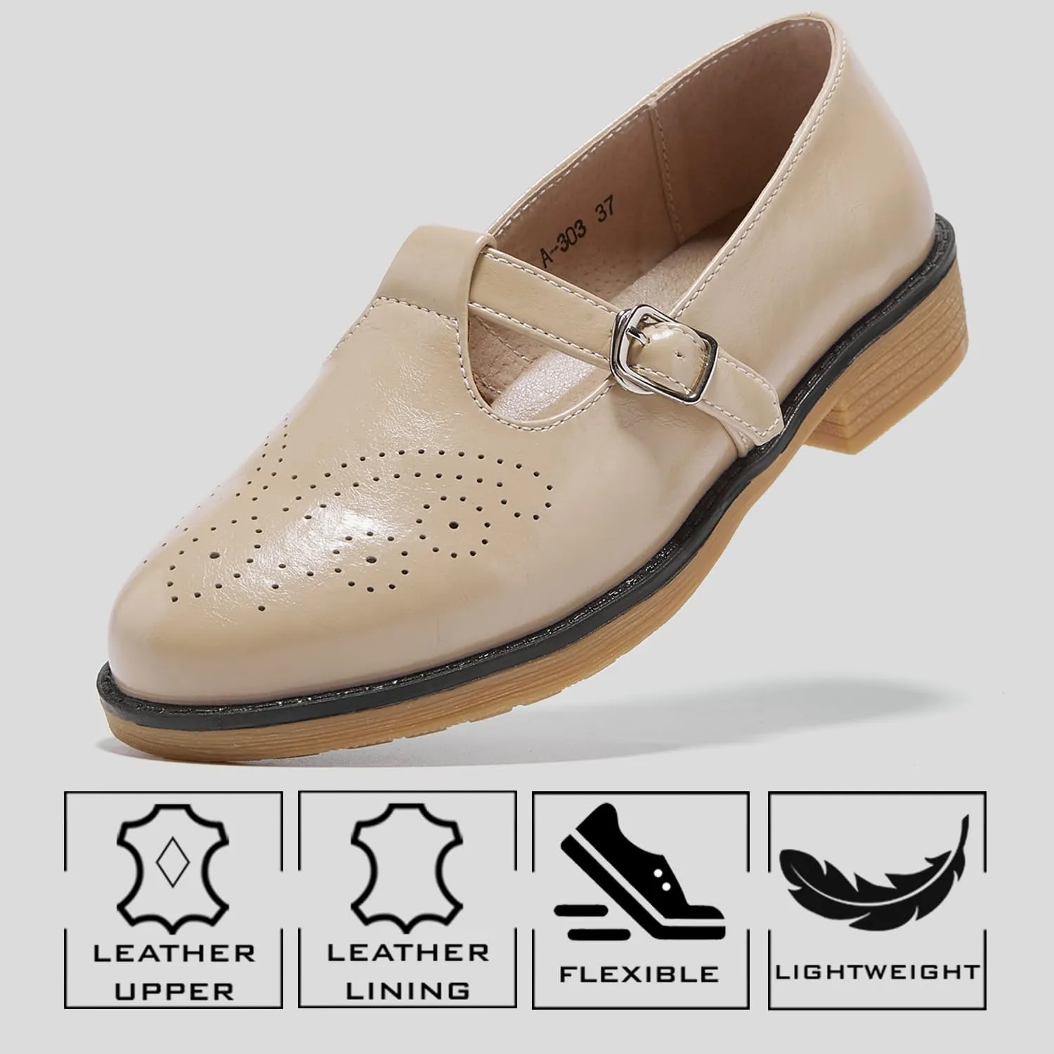 TRULAND Women's Leather Mary Jane Oxfords Shoes - Slip On T-Strap Loafers Casual Closed Toe Dressy Flats Shoes for Office Work
