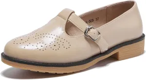 TRULAND Women's Leather Mary Jane Oxfords Shoes - Slip On T-Strap Loafers Casual Closed Toe Dressy Flats Shoes for Office Work