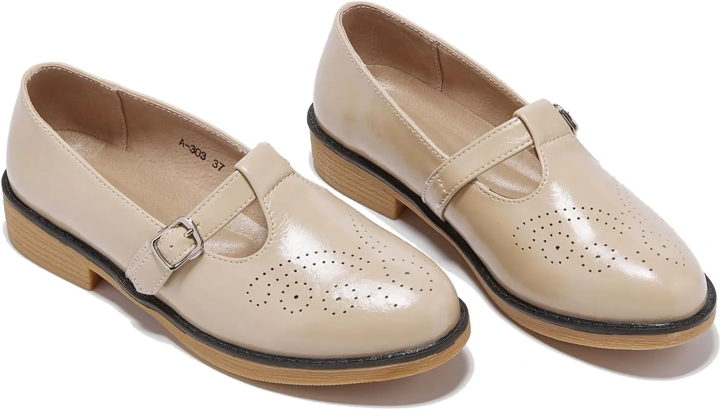 TRULAND Women's Leather Mary Jane Oxfords Shoes - Slip On T-Strap Loafers Casual Closed Toe Dressy Flats Shoes for Office Work