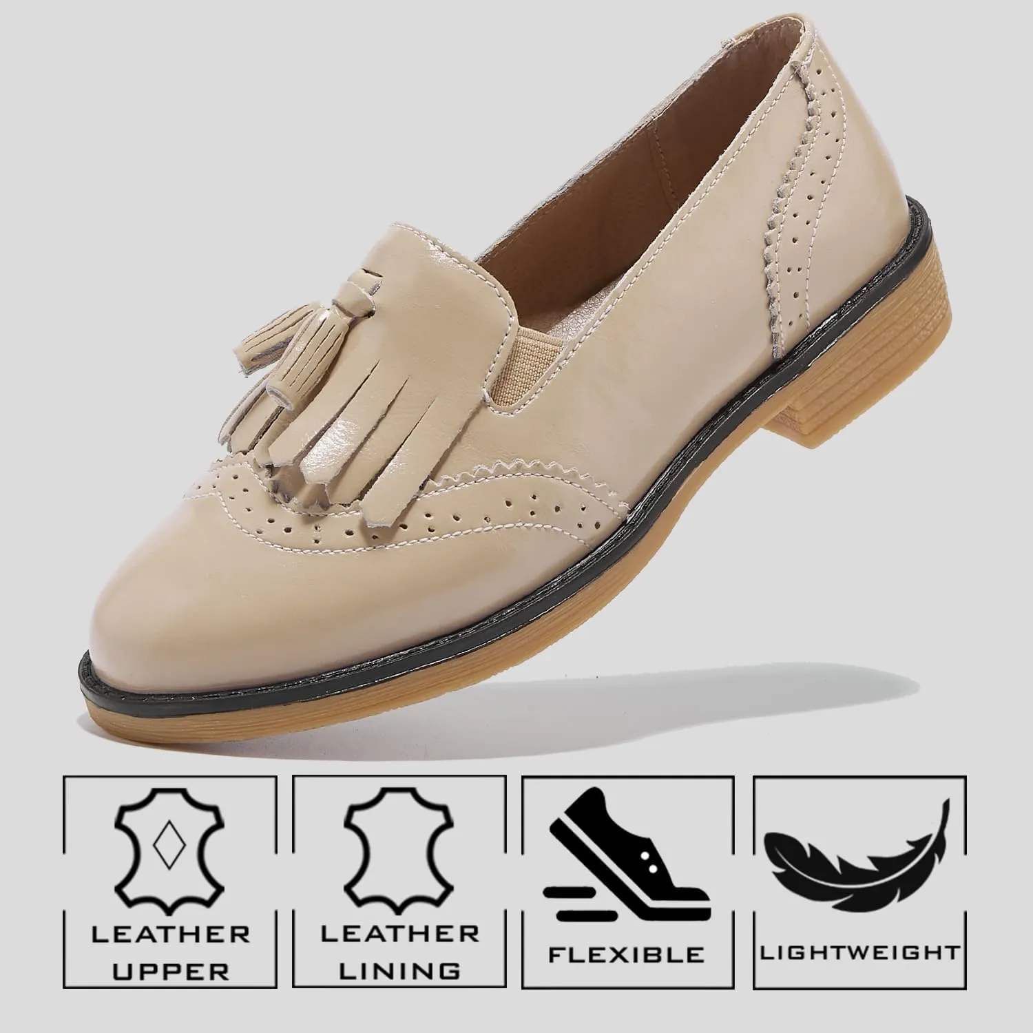 TRULAND Women’s Leather Penny Loafers – Slip On Wingtip Oxfords Tassel Loafers Comfortable Casual Dressy Shoes for Office Work