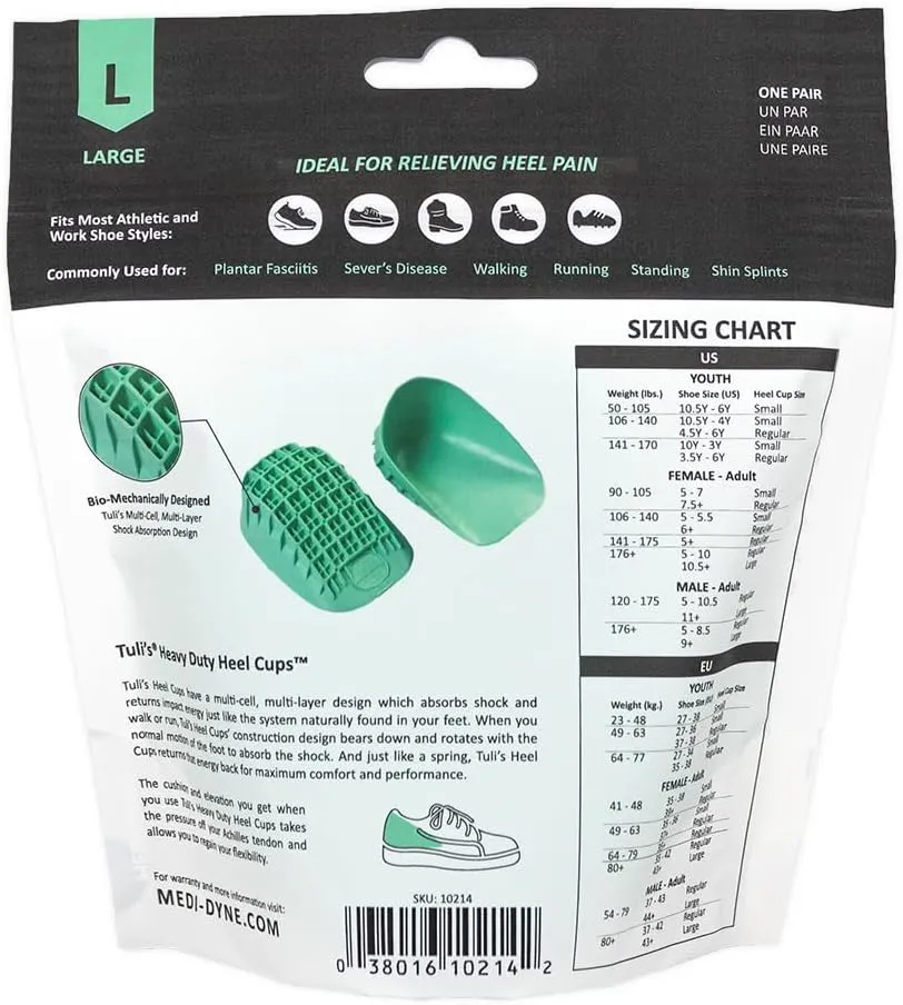 Tuli's Heavy Duty Heel Cups, Cushion Insert for Shock Absorption, Plantar Fasciitis, Sever’s Disease and Heel Pain, Made in the USA, Large, 1 Pair