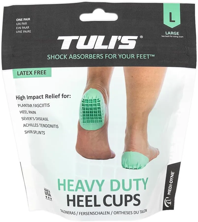 Tuli's Heavy Duty Heel Cups, Cushion Insert for Shock Absorption, Plantar Fasciitis, Sever’s Disease and Heel Pain, Made in the USA, Large, 1 Pair