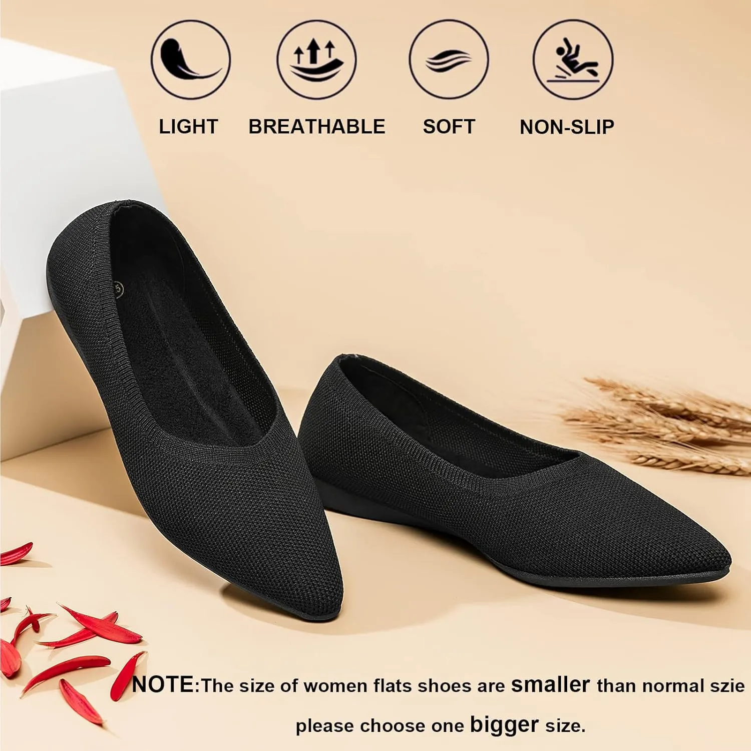 TUOKING Women's Flats Shoes Knit Pointed-Toe Ballet Dress Shoes Comfortable Soft Casual Loafers Slip on Walking Office Shoes
