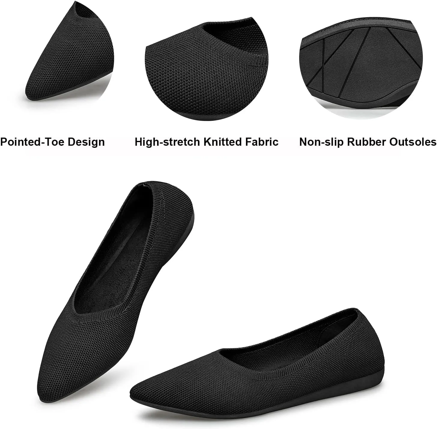 TUOKING Women's Flats Shoes Knit Pointed-Toe Ballet Dress Shoes Comfortable Soft Casual Loafers Slip on Walking Office Shoes
