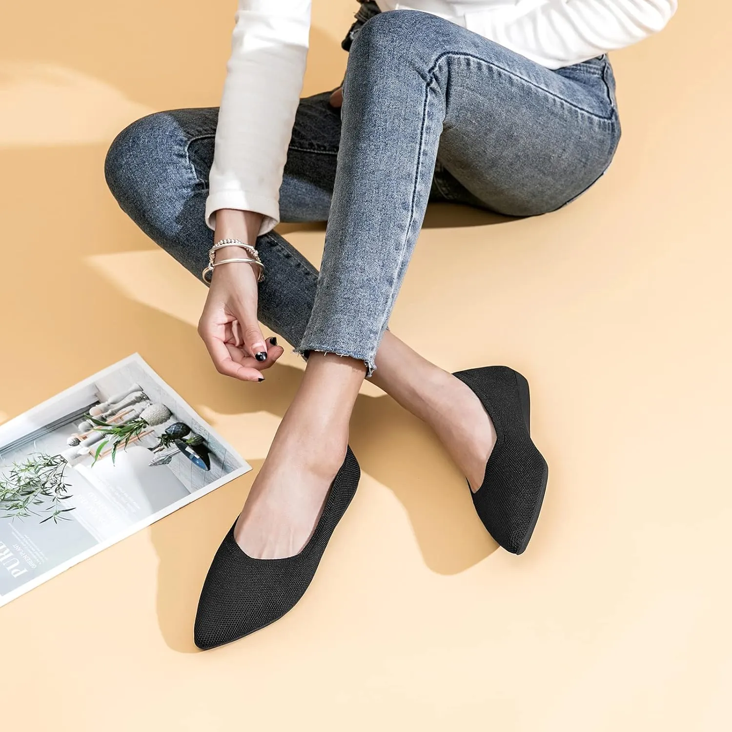 TUOKING Women's Flats Shoes Knit Pointed-Toe Ballet Dress Shoes Comfortable Soft Casual Loafers Slip on Walking Office Shoes