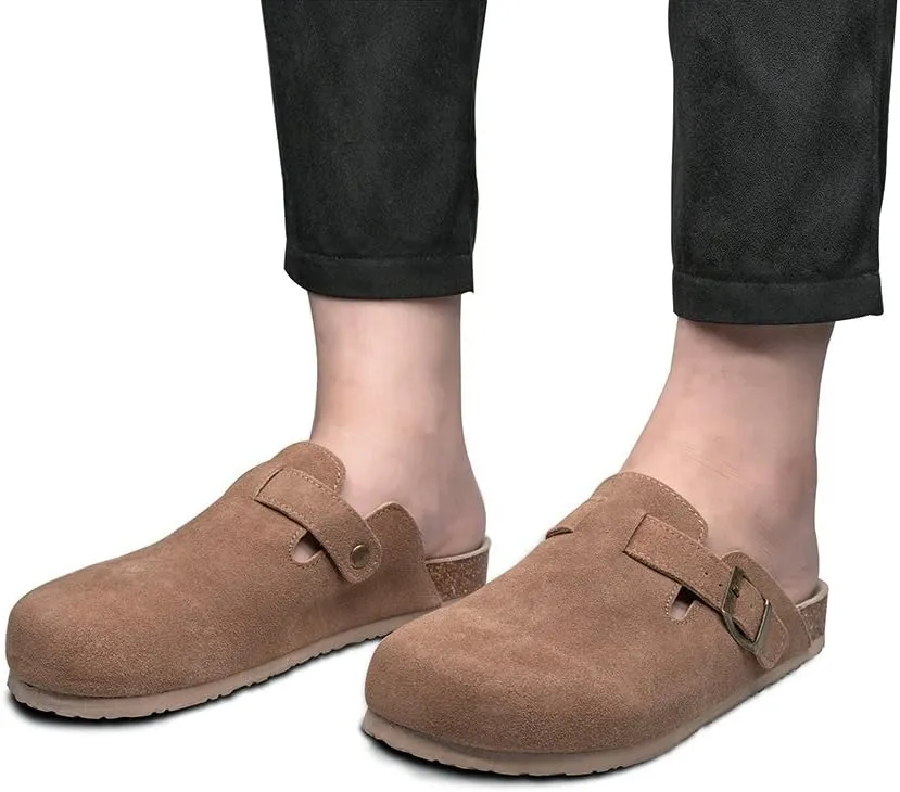 Unisex Soft Footbed Clog，Suede Leather Clogs, Cork Clogs Shoes for Women Men，Antislip Sole Slippers Mules