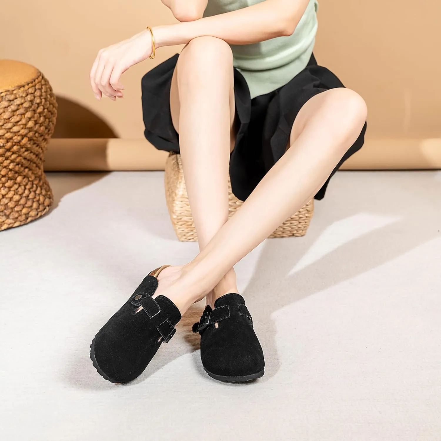 Unixsex Cork Suede Clogs and Mules,Leather Clog Women,Suede Clog Men,Soft Leather Sandal,House Slipper,Skin-Friendly Footbed,Adjustable Buckle,Arch Support