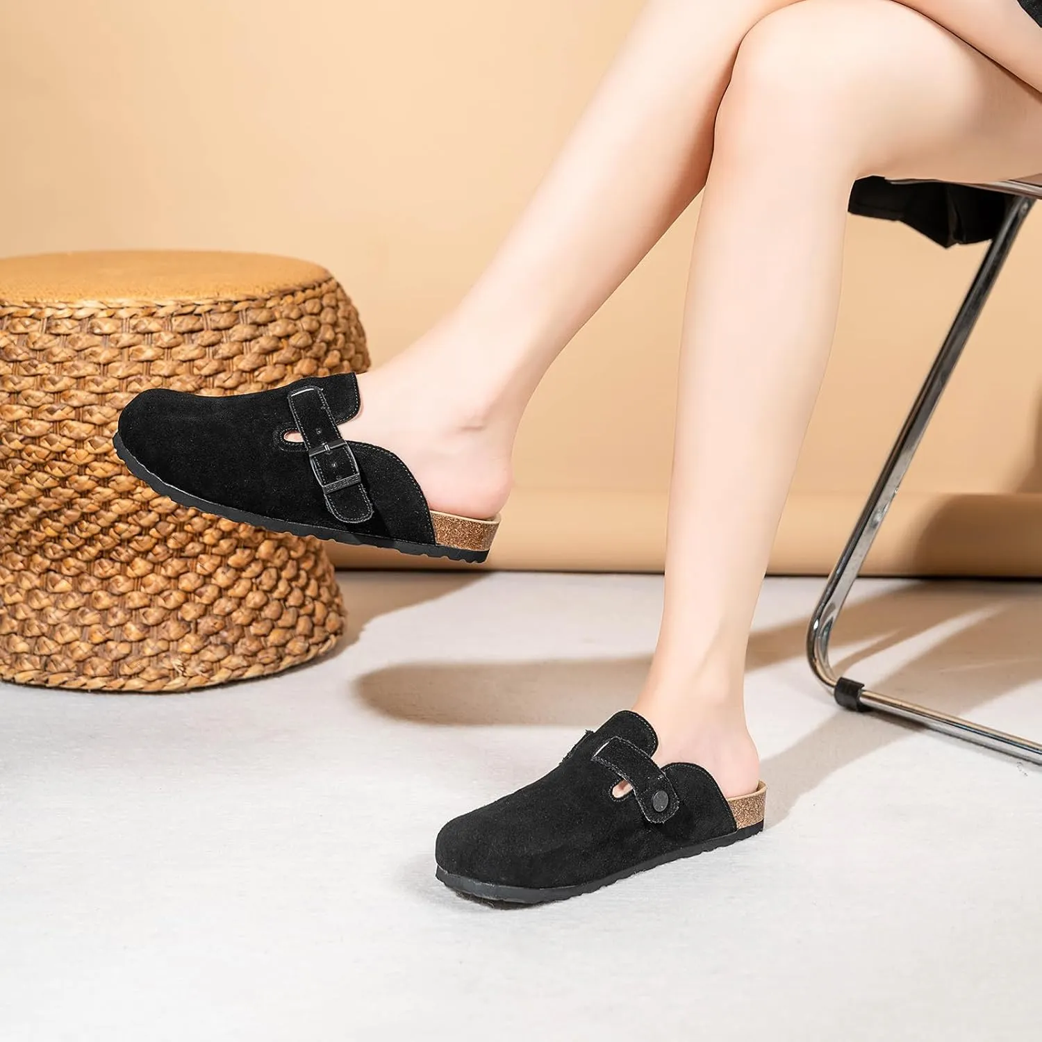 Unixsex Cork Suede Clogs and Mules,Leather Clog Women,Suede Clog Men,Soft Leather Sandal,House Slipper,Skin-Friendly Footbed,Adjustable Buckle,Arch Support