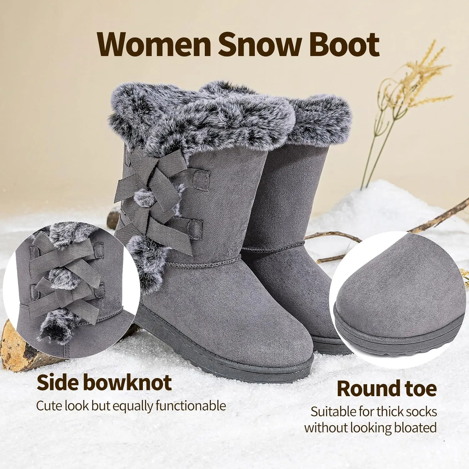 Uoidru Women's Snow Boots Anti-Slip Mid-calf Winter Boots for Womens Faux Fur Lined Winter Suede Snow Boots Womens Comfortable Fashion Boots