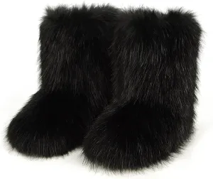 UOQAPRE Faux Fur Boots for Women Snow Boots Fuzzy Leg Warm Boots Furry Mid-Calf Boots Warm Comfortable Outdoor Flat Shoes