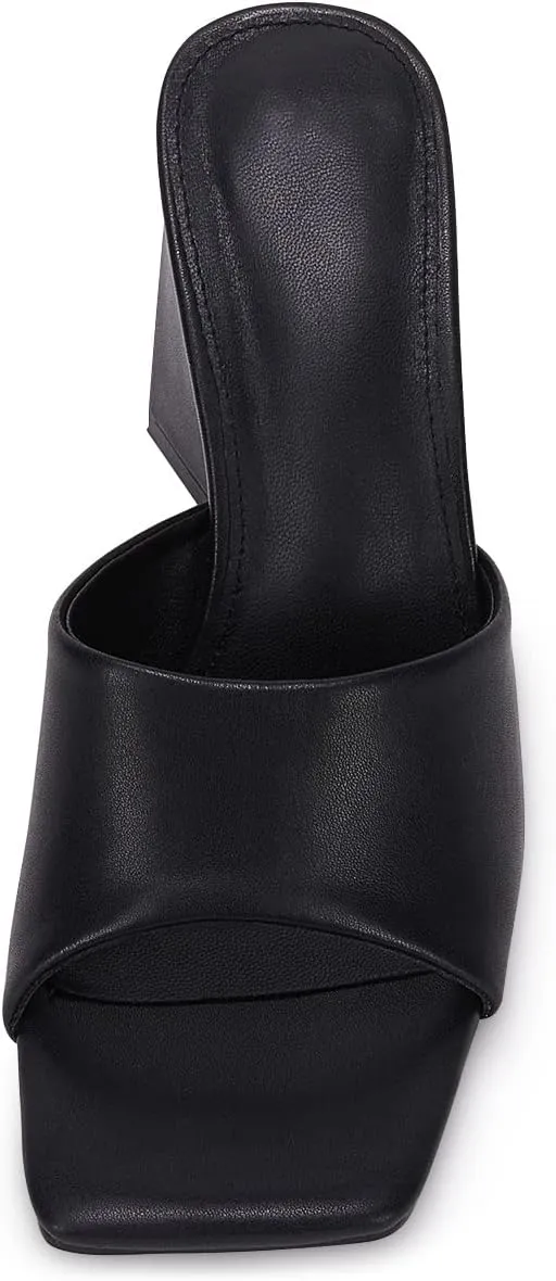 VETASTE Women's Heeled Sandals Square Open Toe Slip on Block Heels Mules