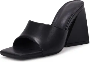 VETASTE Women's Heeled Sandals Square Open Toe Slip on Block Heels Mules