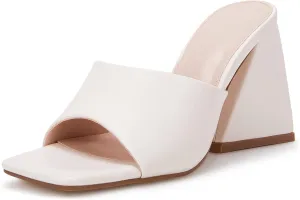 VETASTE Women's Heeled Sandals Square Open Toe Slip on Block Heels Mules