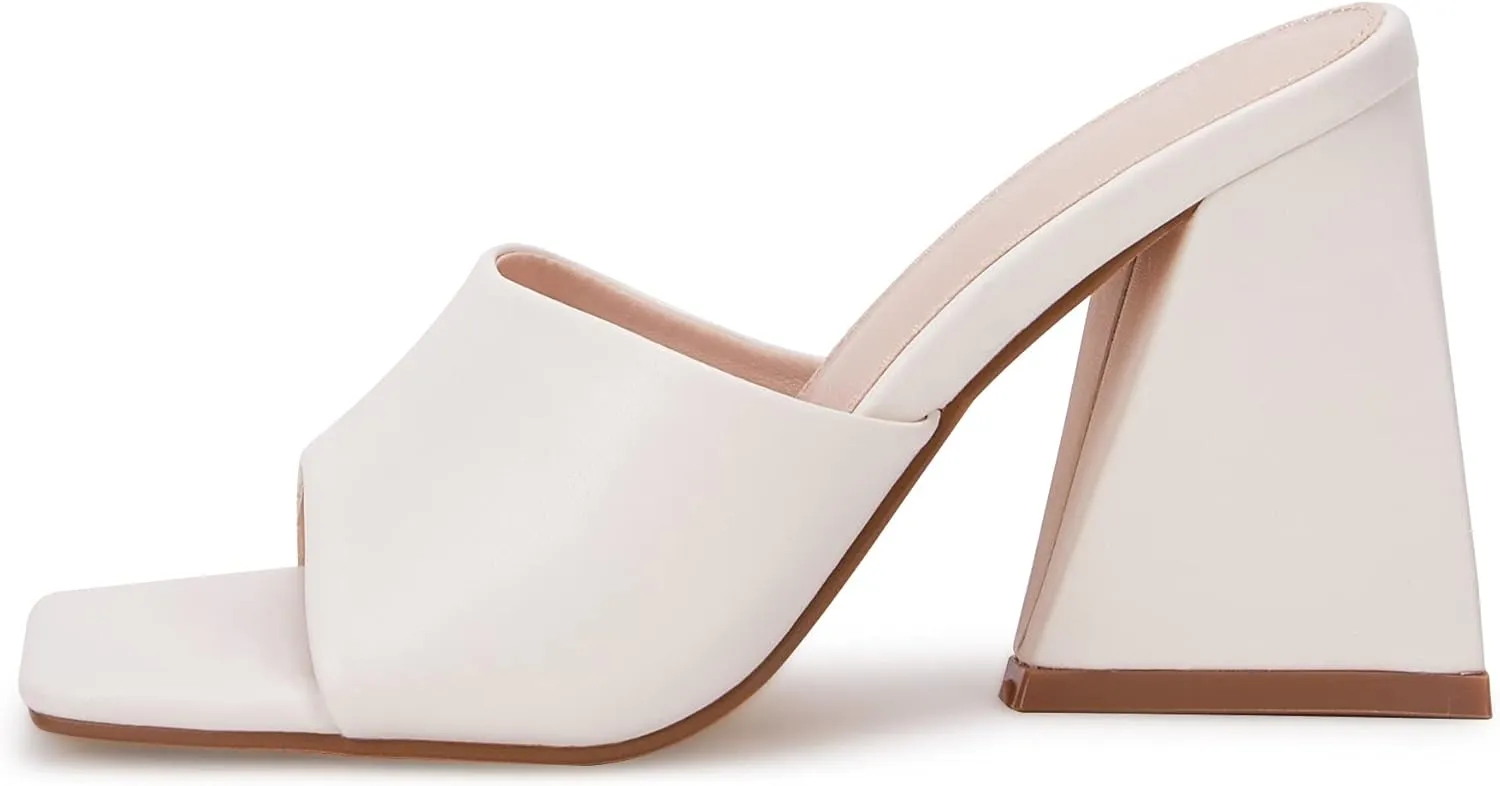 VETASTE Women's Heeled Sandals Square Open Toe Slip on Block Heels Mules