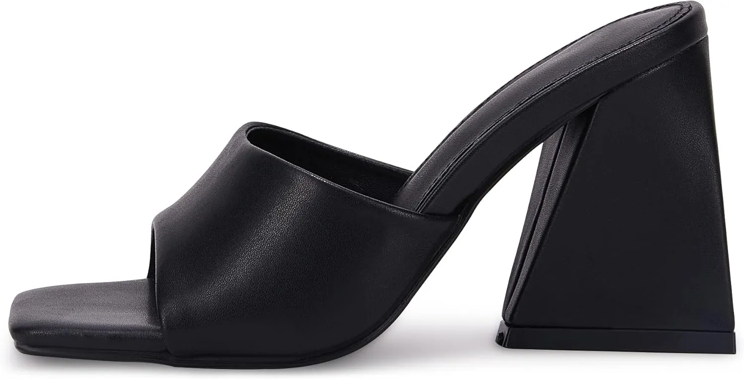 VETASTE Women's Heeled Sandals Square Open Toe Slip on Block Heels Mules