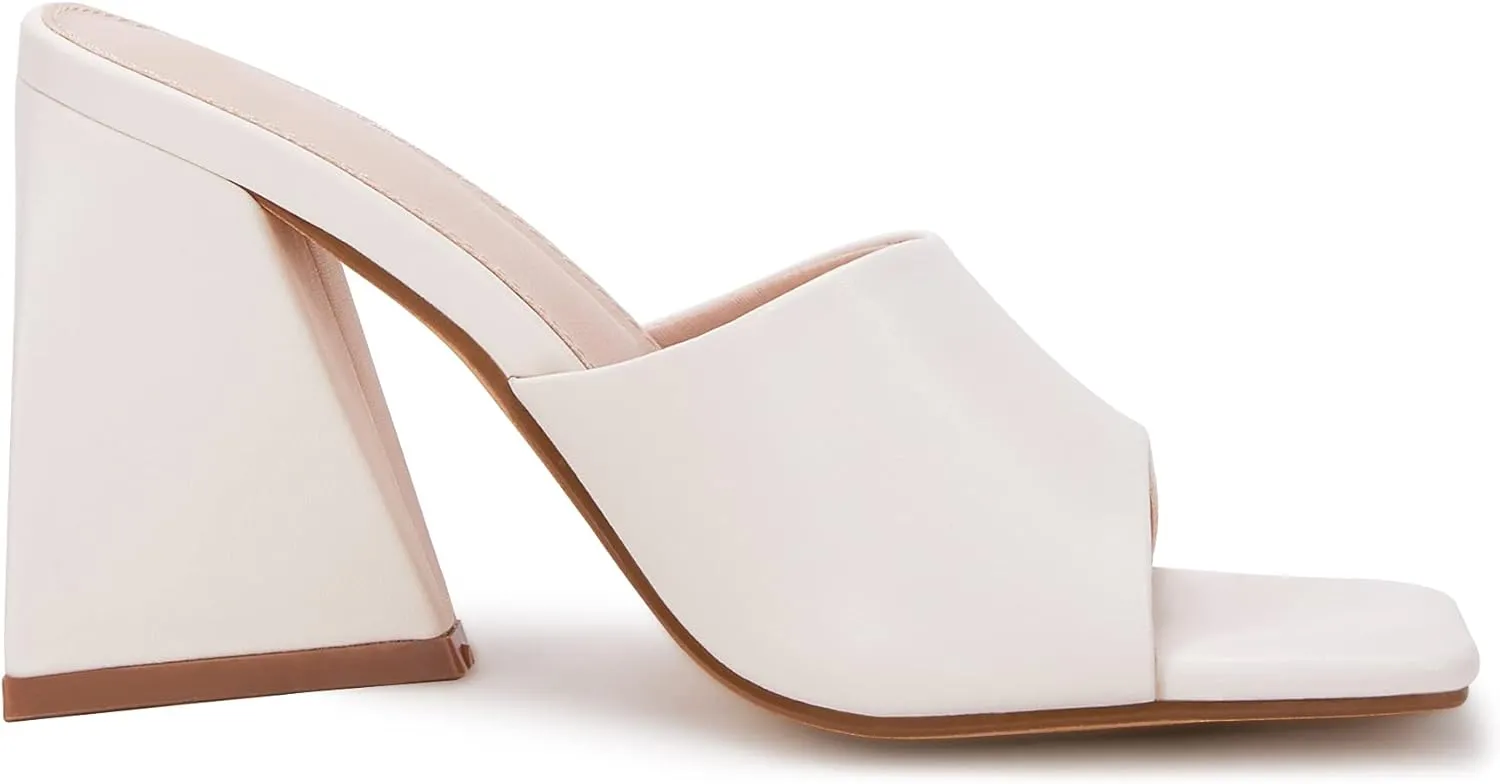 VETASTE Women's Heeled Sandals Square Open Toe Slip on Block Heels Mules