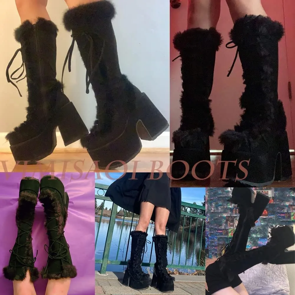 VIMISAOI Womens Mid Calf Boots, Lace Up Zip Block Chunky High Heel Punk Goth Warm Fur Winter Snow Platform Boots