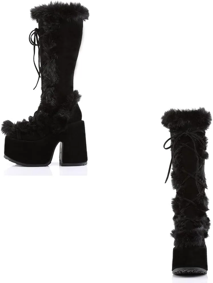 VIMISAOI Womens Mid Calf Boots, Lace Up Zip Block Chunky High Heel Punk Goth Warm Fur Winter Snow Platform Boots