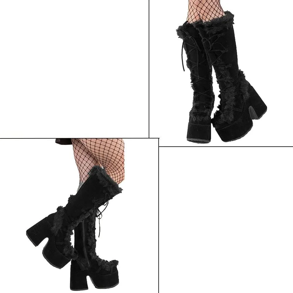 VIMISAOI Womens Mid Calf Boots, Lace Up Zip Block Chunky High Heel Punk Goth Warm Fur Winter Snow Platform Boots