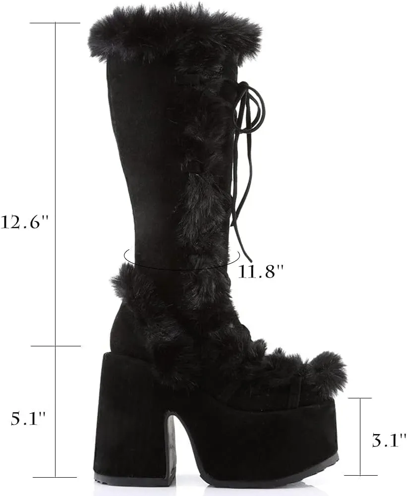 VIMISAOI Womens Mid Calf Boots, Lace Up Zip Block Chunky High Heel Punk Goth Warm Fur Winter Snow Platform Boots