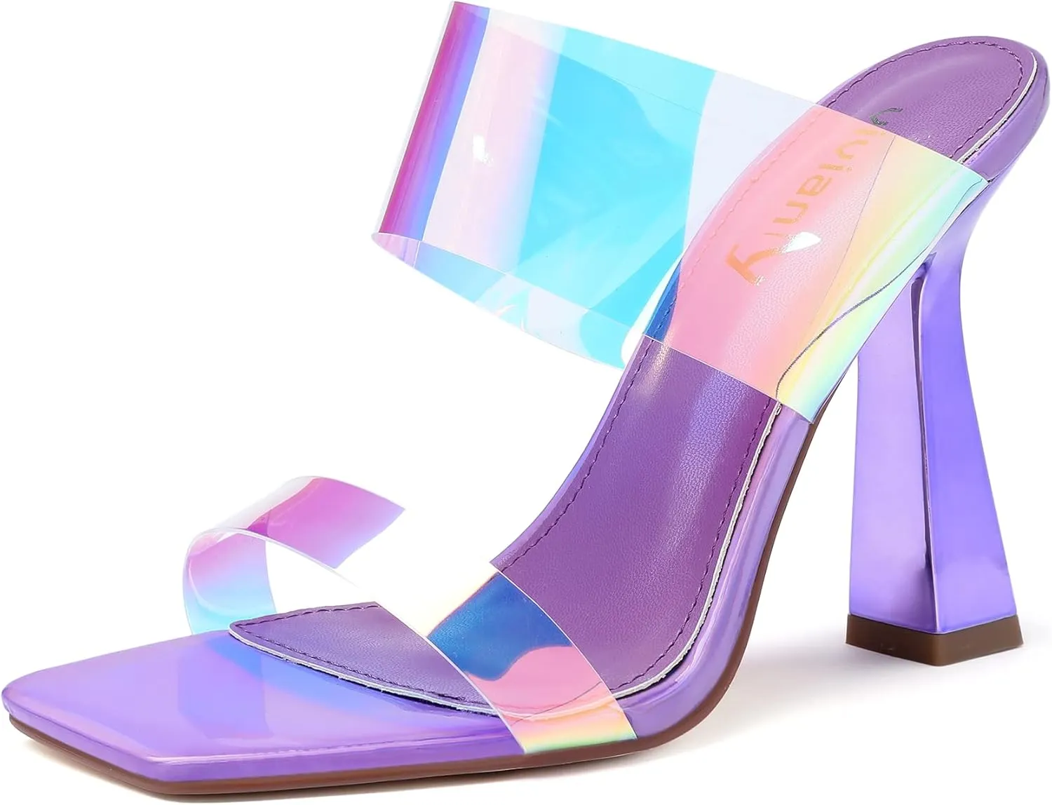 vivianly Women's Clear Heeled Sandals Transparent Straps Chunky Heels Slip on Mules