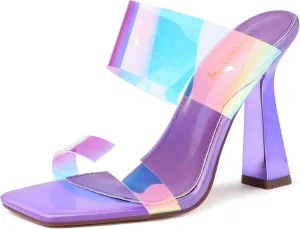 vivianly Women's Clear Heeled Sandals Transparent Straps Chunky Heels Slip on Mules