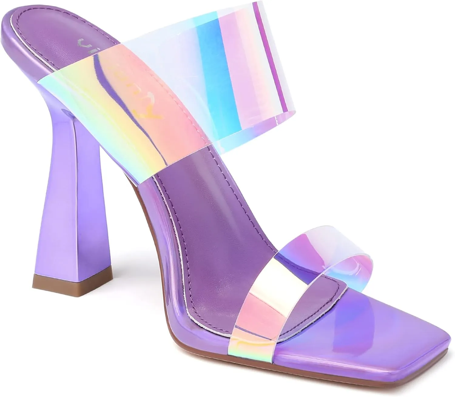 vivianly Women's Clear Heeled Sandals Transparent Straps Chunky Heels Slip on Mules