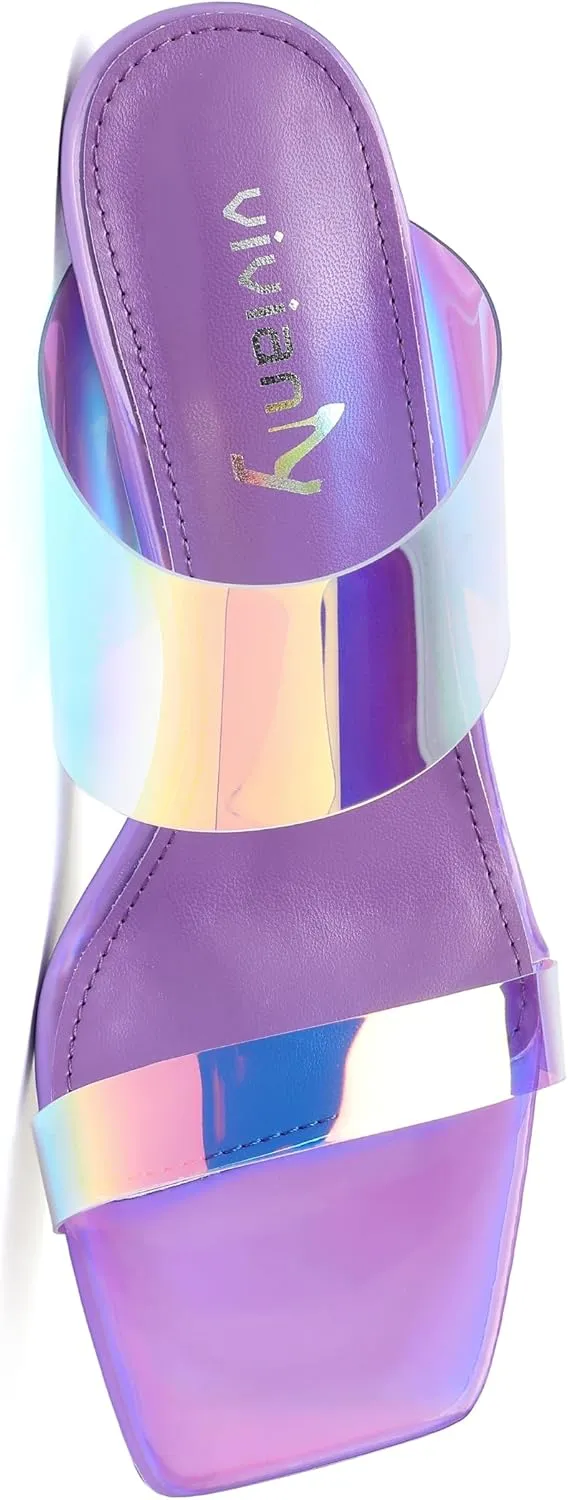 vivianly Women's Clear Heeled Sandals Transparent Straps Chunky Heels Slip on Mules