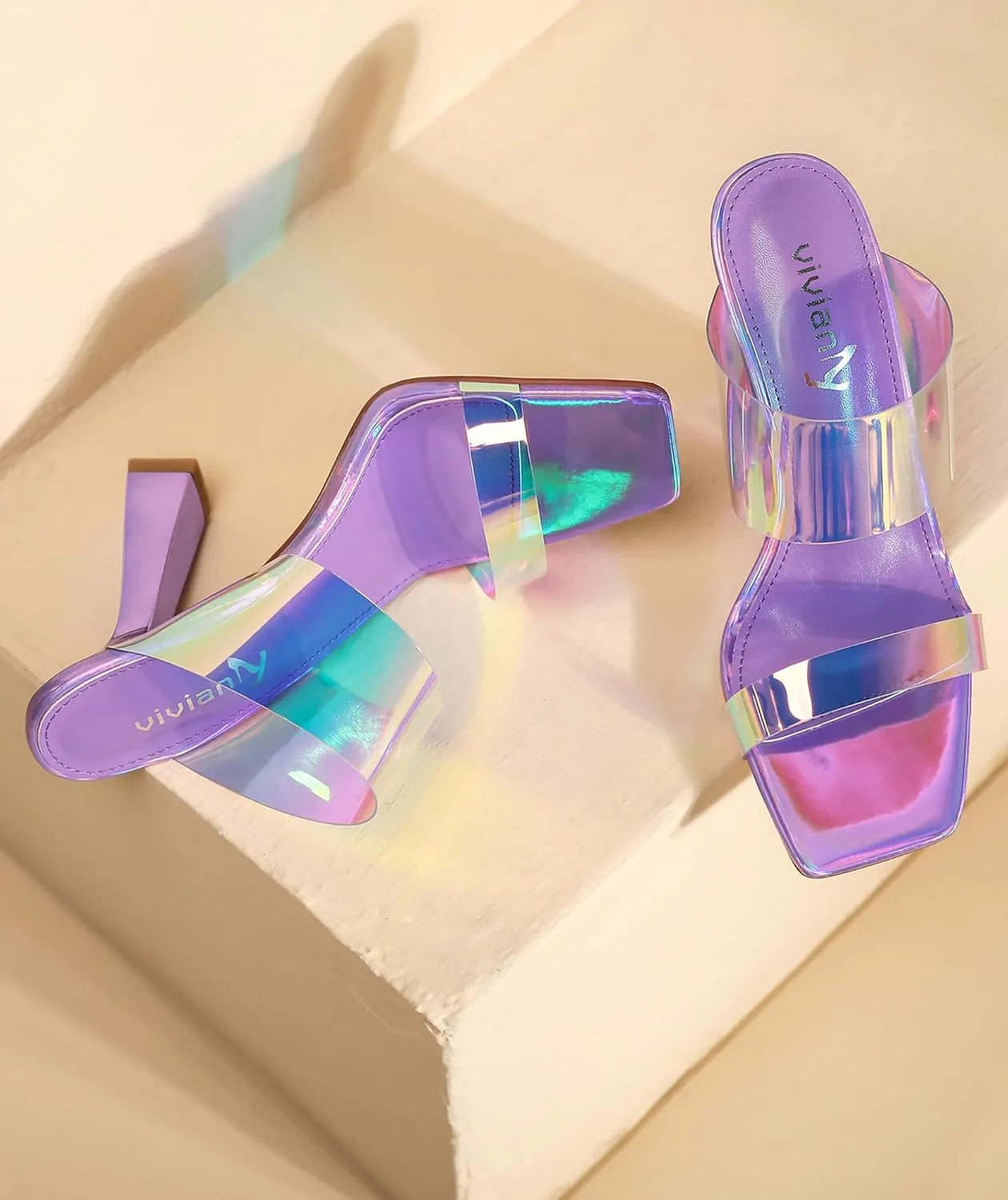 vivianly Women's Clear Heeled Sandals Transparent Straps Chunky Heels Slip on Mules